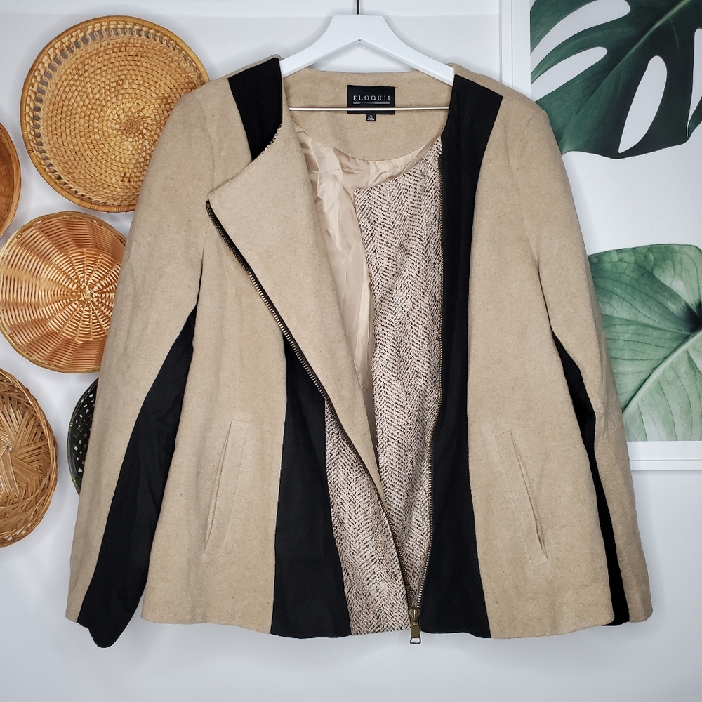Eloquii Wool Black Tan Suede Moto Zip Jacket Tweed - Picture 2 of 6